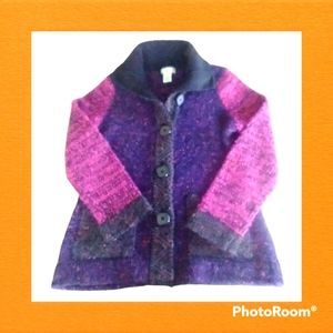 Vtg Laura Ashley S/P‎ Purple Pink Black Fuzzy Cardigan Sweater Collared Buttons